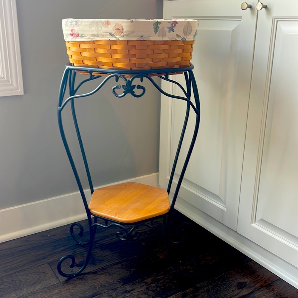 Longaberger Wrought Iron Generations Stand with wood shelf and Basket included.